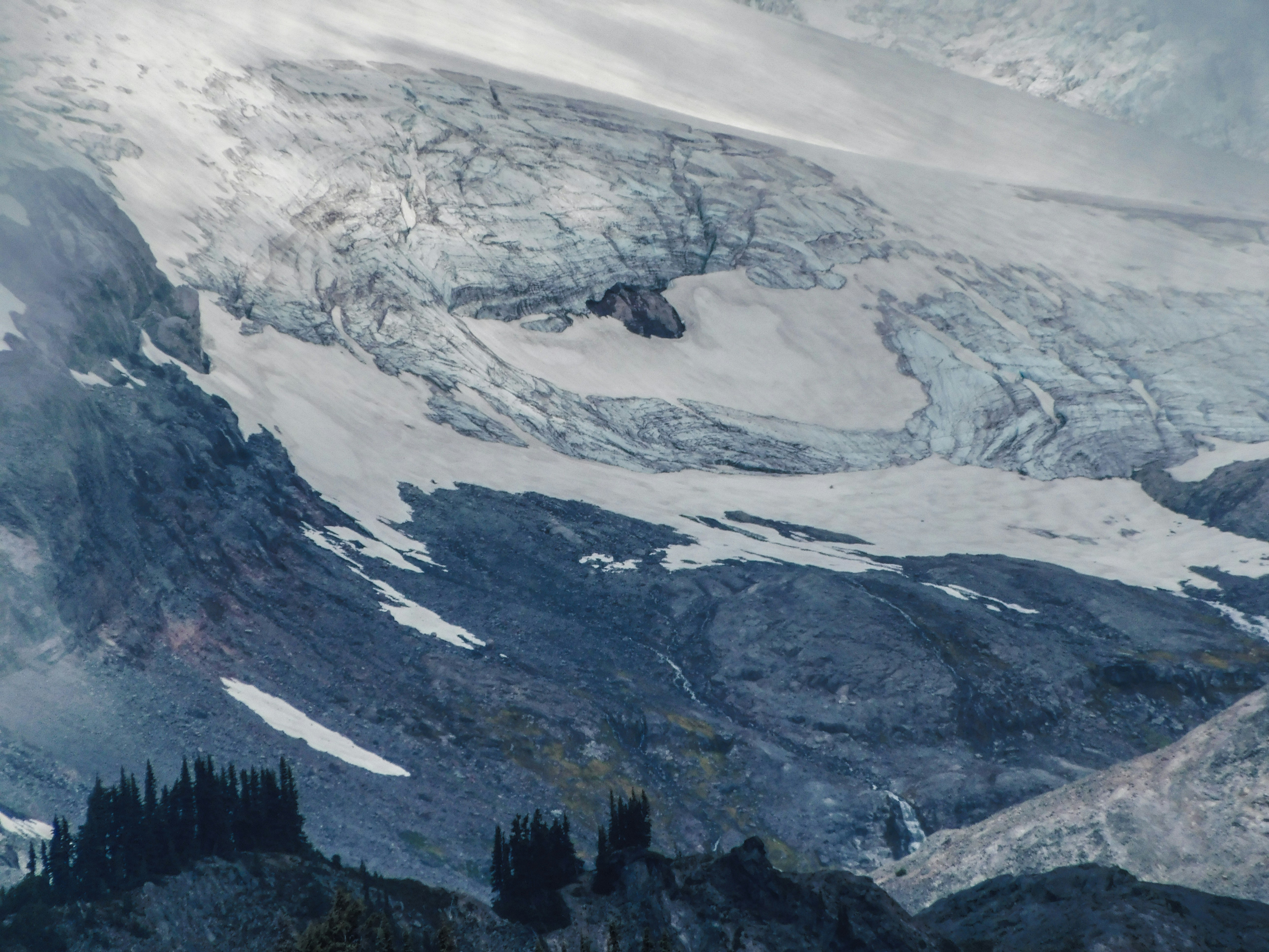a snow covered mountain with trees below it, 