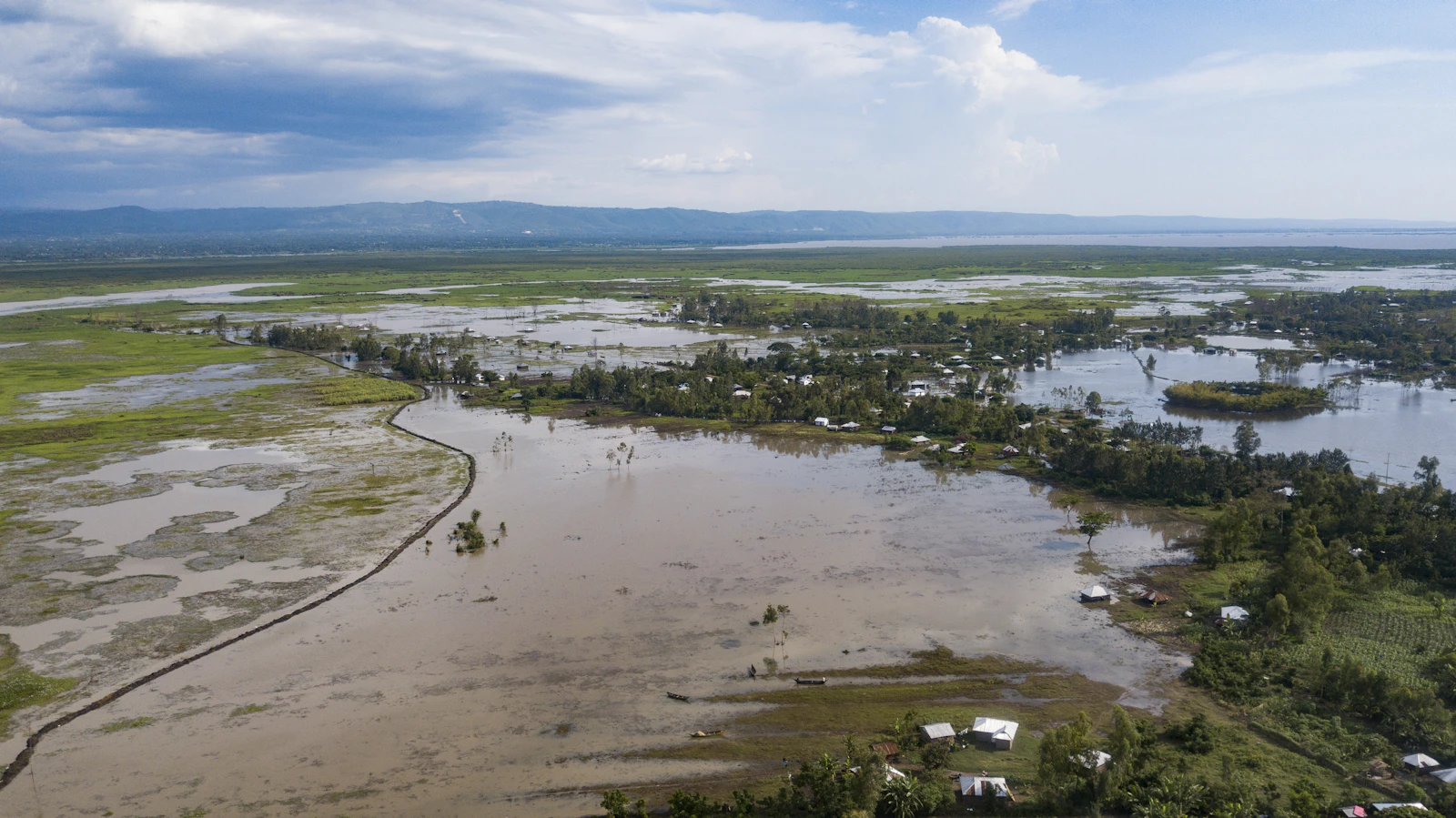 Flooded rice fields near a village in Africa