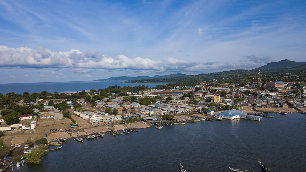 Aerial view of a small coastal town and its harbour