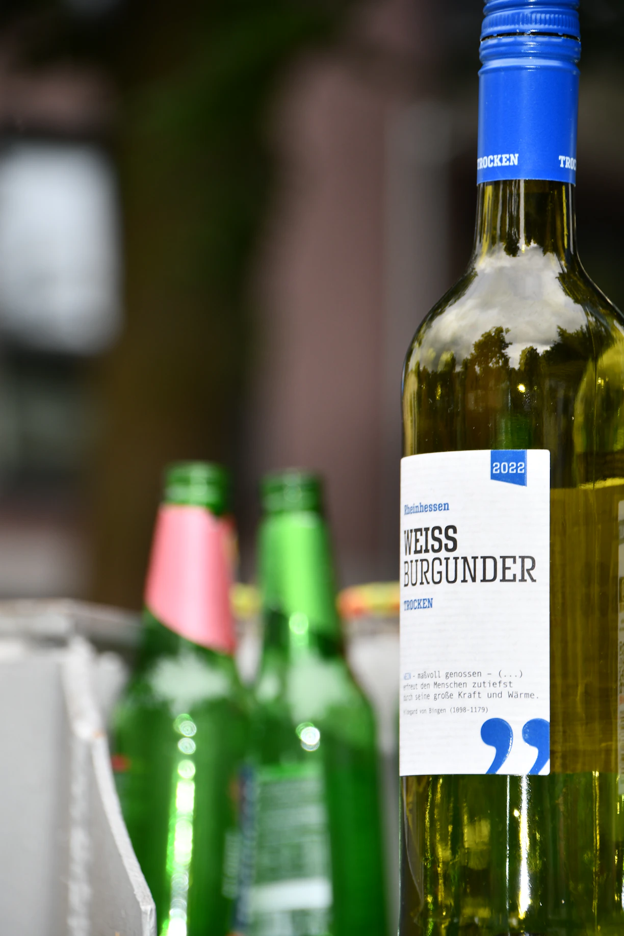 a close up of a bottle of wine on a table