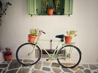 a green bike parked next to a window with green shutters