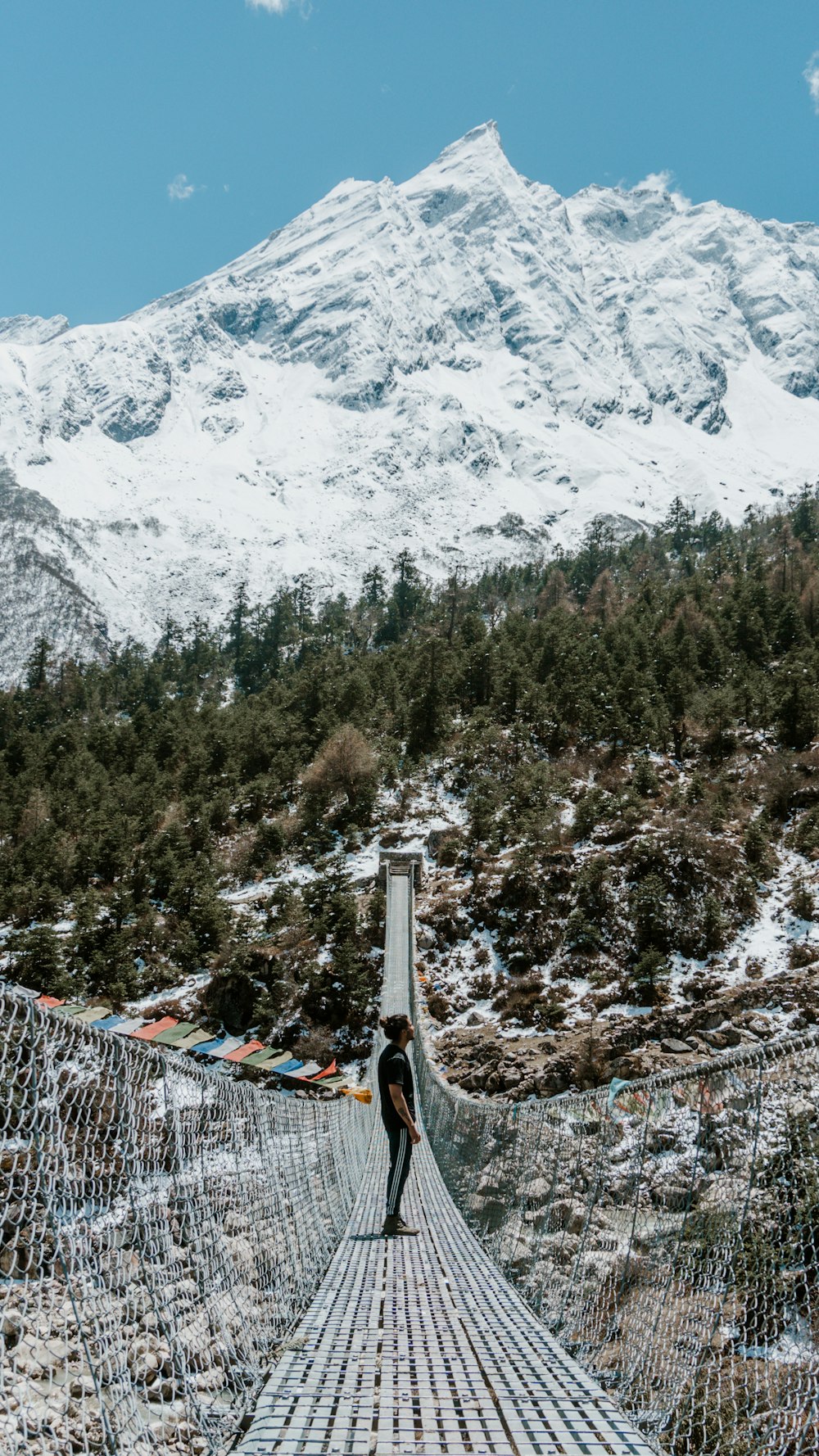 a person walking across a suspension bridge with a mountain in the background