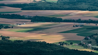 Aerial view of a rural landscape featuring expansive agricultural fields in various shades of green and brown. There are patches of forest in the distance and a few scattered farmhouses and buildings. The landscape is gently rolling with a mix of cultivated fields and natural vegetation.