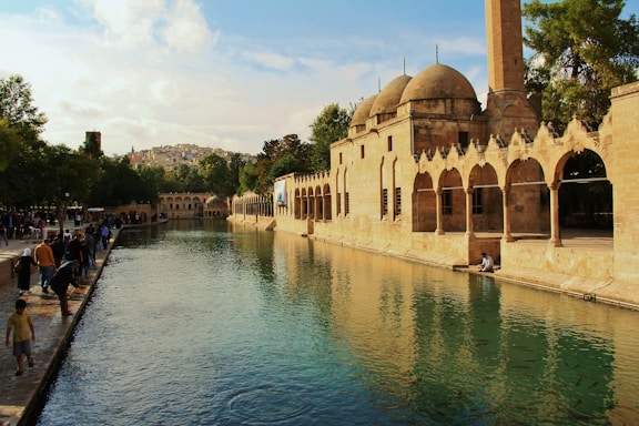 a group of people standing next to a body of water