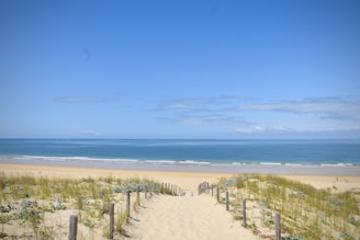 A sunlit sandy path leading through dunes to a peaceful Outer Banks beach with gentle waves.