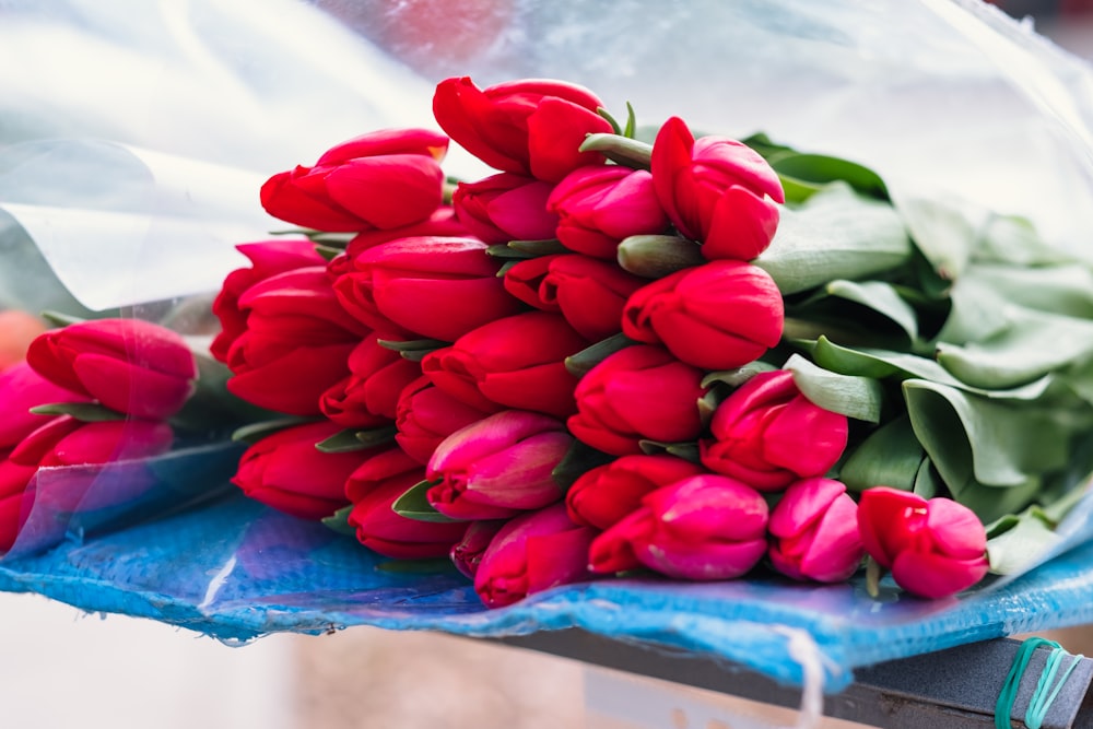 a bunch of red tulips sitting on top of a table