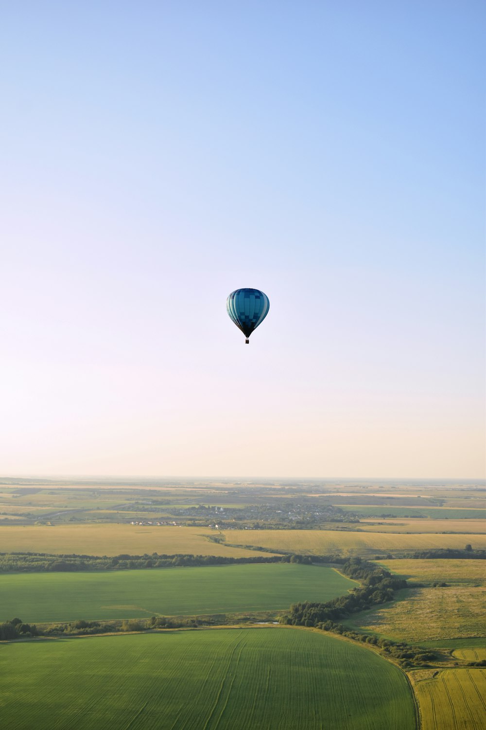 Ein Heißluftballon, der über eine grüne Wiese fliegt