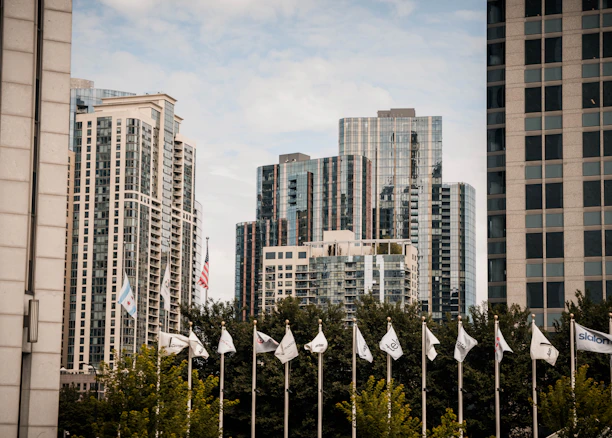 A dynamic cityscape of Washington, D.C. with government buildings and international flags waving.