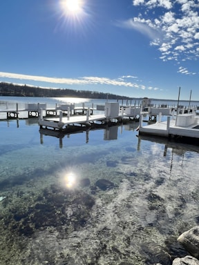 A serene waterfront scene showcasing a sturdy dock and a custom-colored seawall under a clear blue sky.
