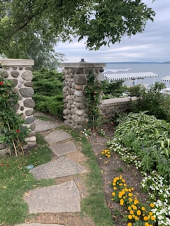 Beautiful garden with vibrant flowers and a stone pathway
