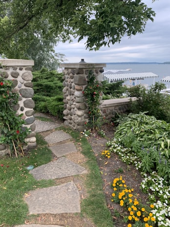 Beautiful garden with vibrant flowers and a stone pathway