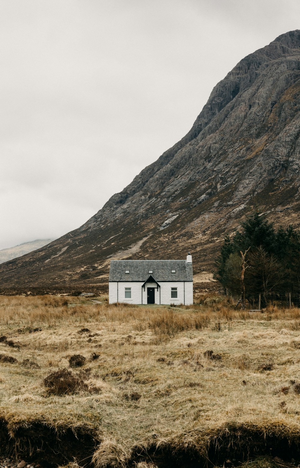 a house in a field with a mountain in the background