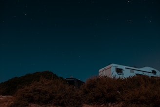 A camper van is parked on a hill under a clear, starry night sky. Bushes and shrubs are visible in the foreground, while the silhouette of the van is partly illuminated by moonlight.