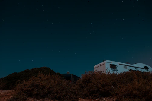 Night sky full of stars above a campervan parked in a quiet forest clearing.