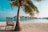 A serene tropical beach setting with a palm tree providing shade to a wooden chair on white sand. Overwater bungalows stretch into the turquoise sea under a clear blue sky.