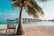 A serene tropical beach setting with a palm tree providing shade to a wooden chair on white sand. Overwater bungalows stretch into the turquoise sea under a clear blue sky.