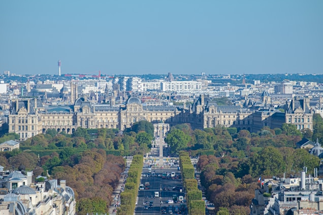 A grand palace-like building in the background with intricate architectural details sits beyond a long, tree-lined avenue that stretches into the distance. The foreground includes part of an urban area, replete with various buildings and residential structures. Vehicles and some pedestrian activity can be seen along the avenue. Diverse modern buildings fill the mid-ground, blending classic architecture with contemporary structures.