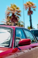 Close-up of a shiny sedan reflecting the bright sun with palm trees nearby.