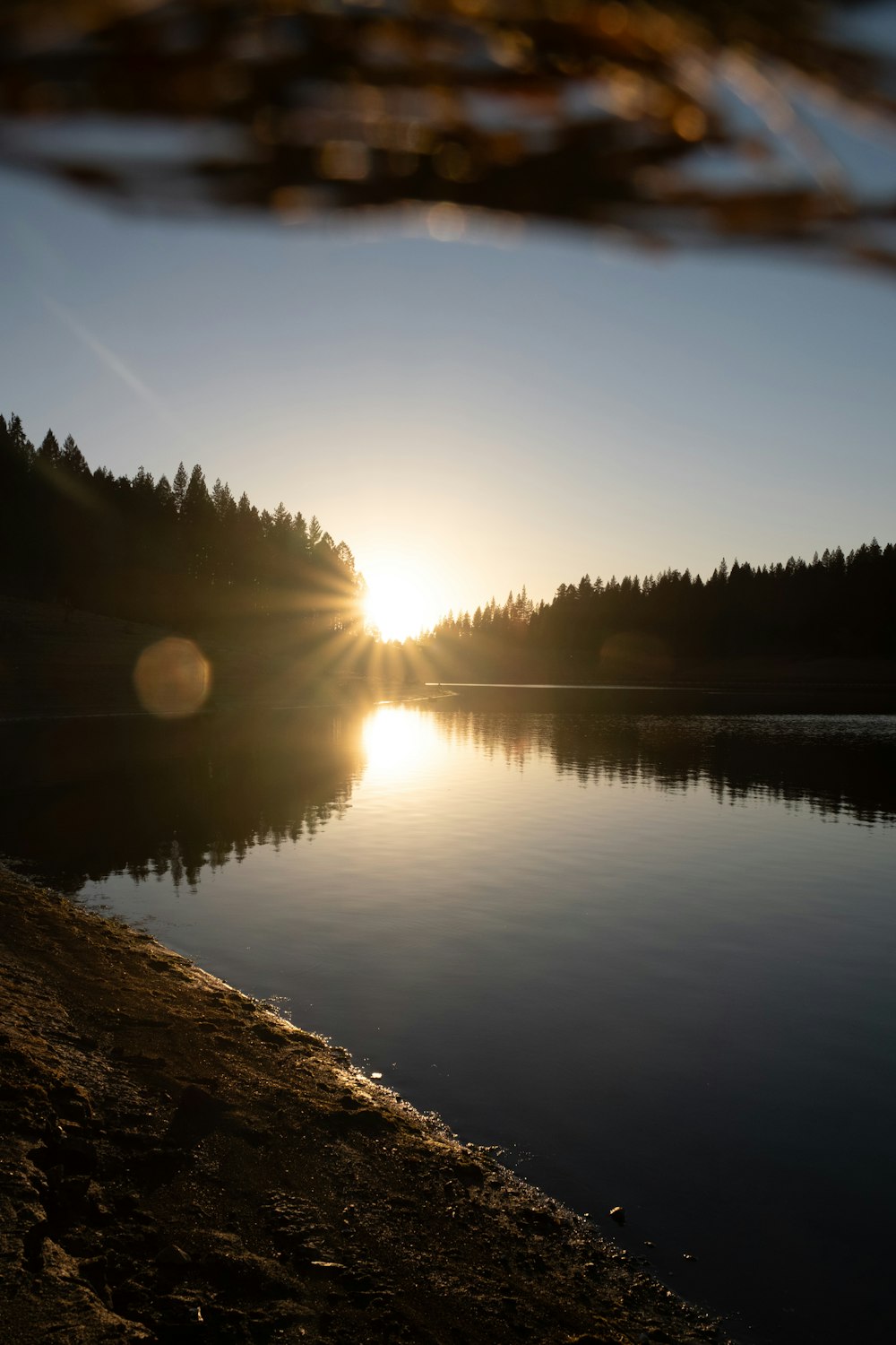 the sun is setting over a lake with trees in the background