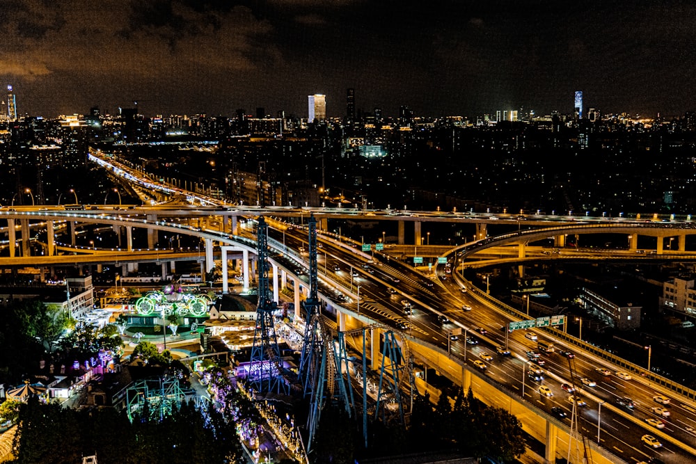 an aerial view of a city at night