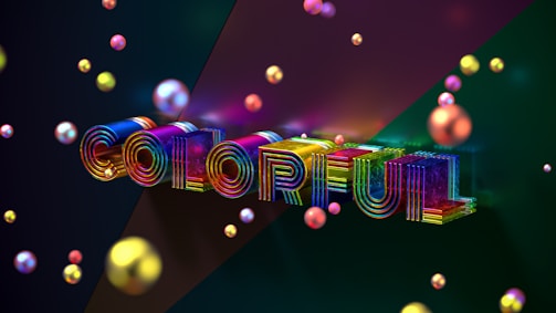 A vibrant 3D text with the word 'COLORFUL' made up of letters displaying a spectrum of colors, surrounded by various multicolored spheres in a dark background.