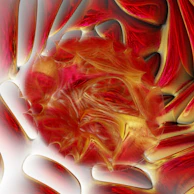 An abstract composition featuring bold red and gold colors inspired by Japanese festivals.