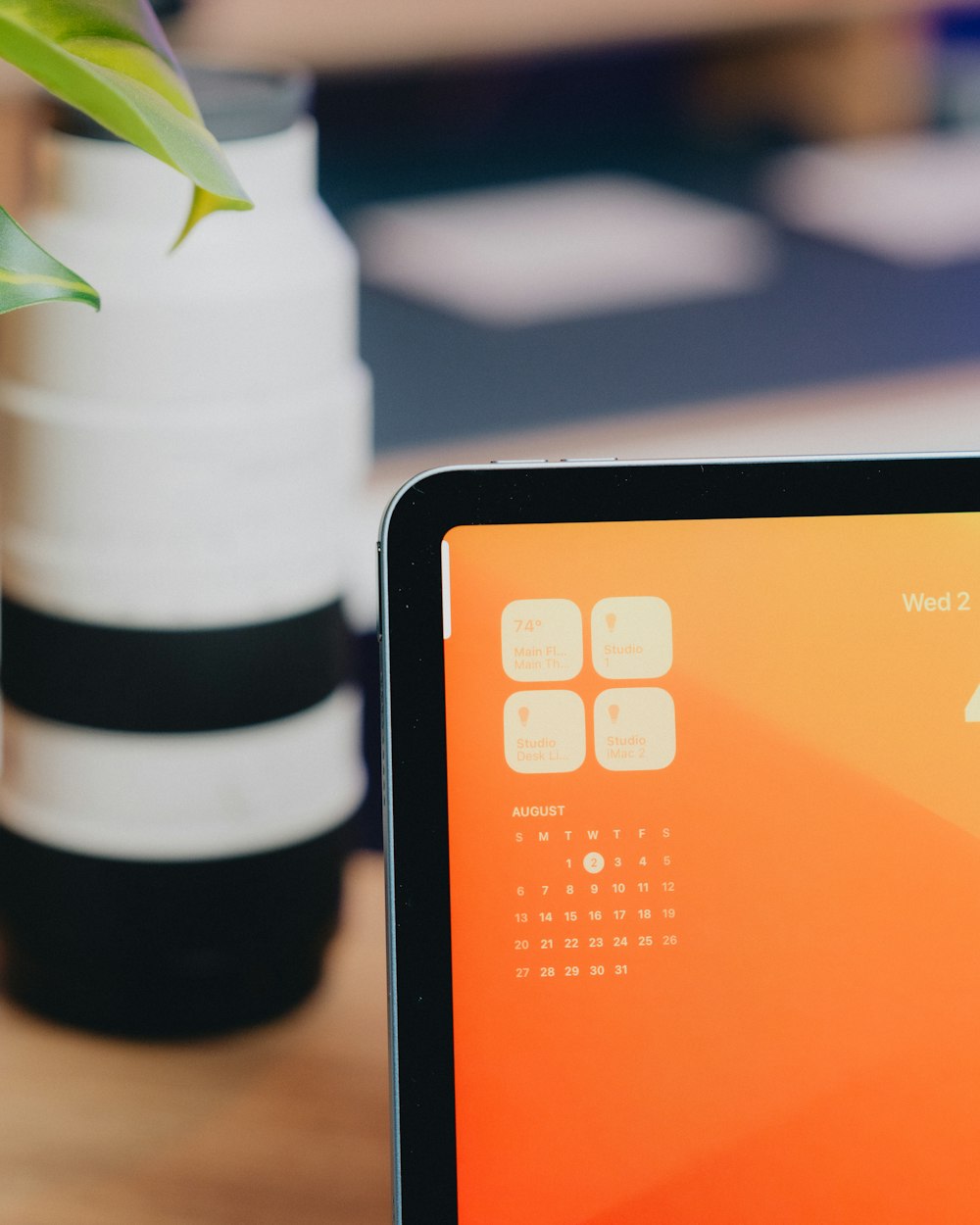 a close up of a computer screen with a plant in the background