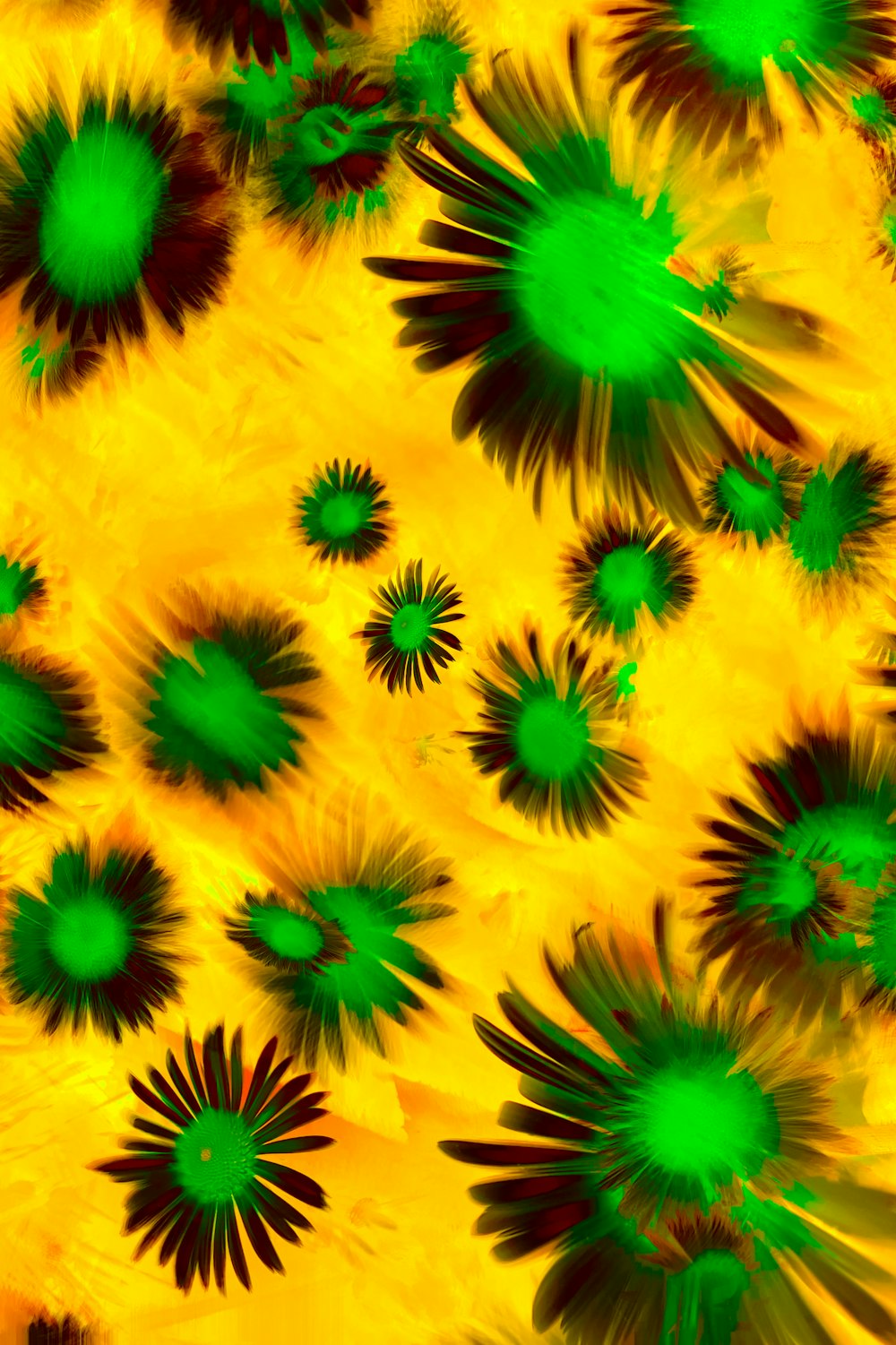 a yellow background with green and black flowers