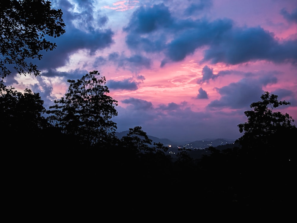 a purple and blue sky with clouds and trees