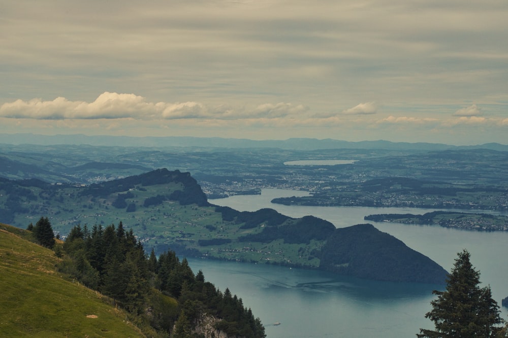 a view of a large body of water from a hill