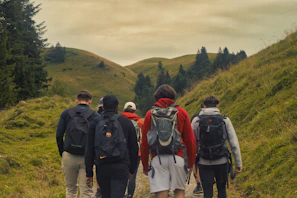A group of friends trekking through lush green hills with backpacks and smiles.