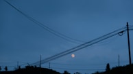 Night shot of energized transmission lines glowing softly under the moonlight.