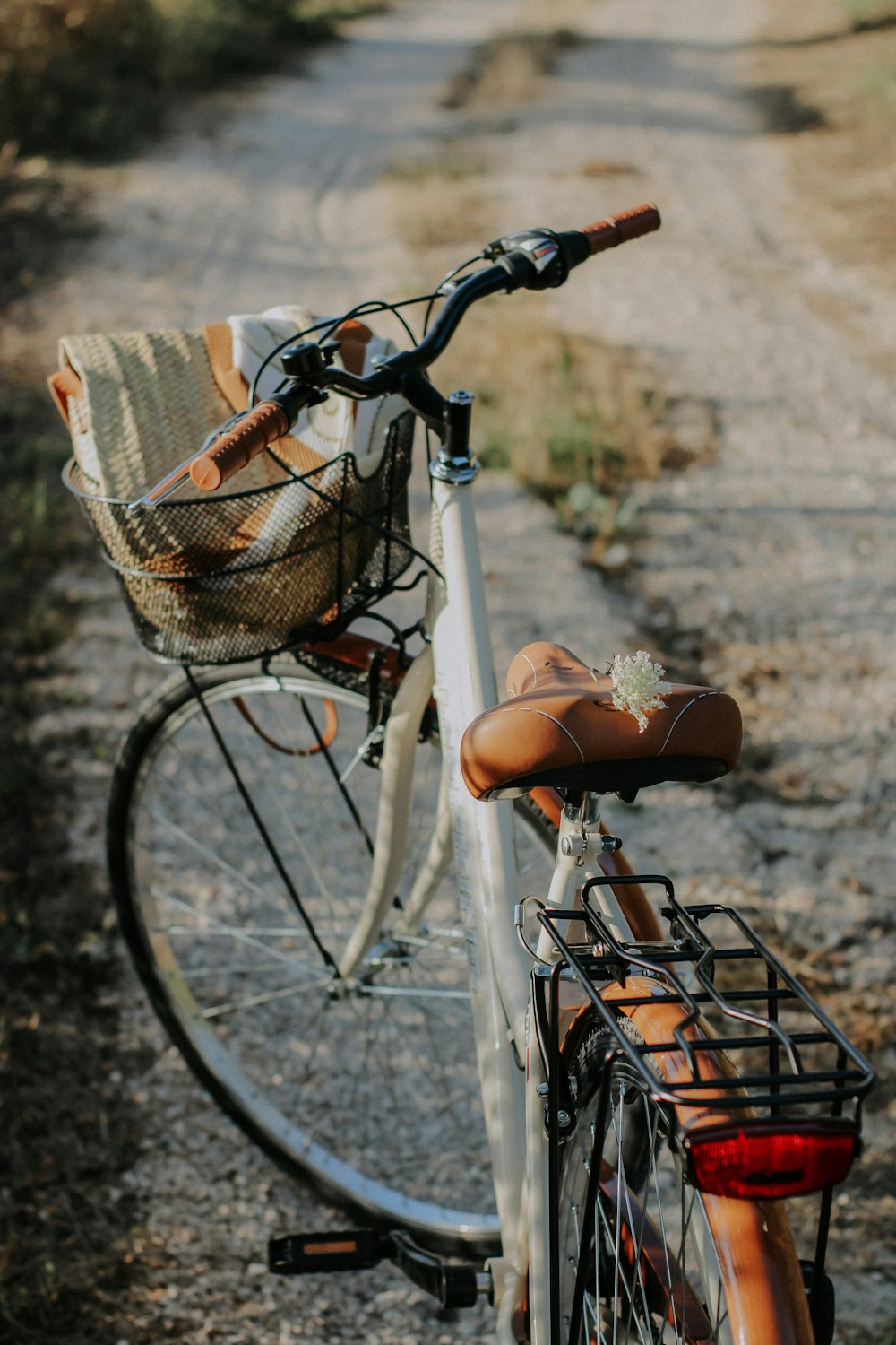 a bicycle with a basket parked on a dirt road
