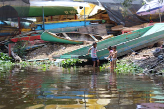Children playing by the lakeside with colorful boats and green trees in the background.