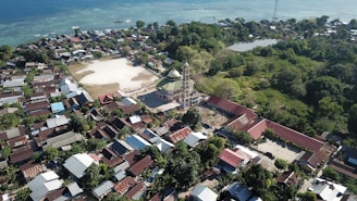 a bird's eye view of a small town by the ocean
