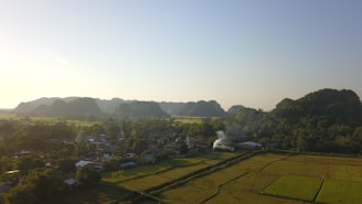 A serene landscape featuring a village surrounded by lush green fields and distant, rugged hills under a clear blue sky. White smoke rises from one of the village houses, suggesting a peaceful, rural lifestyle.