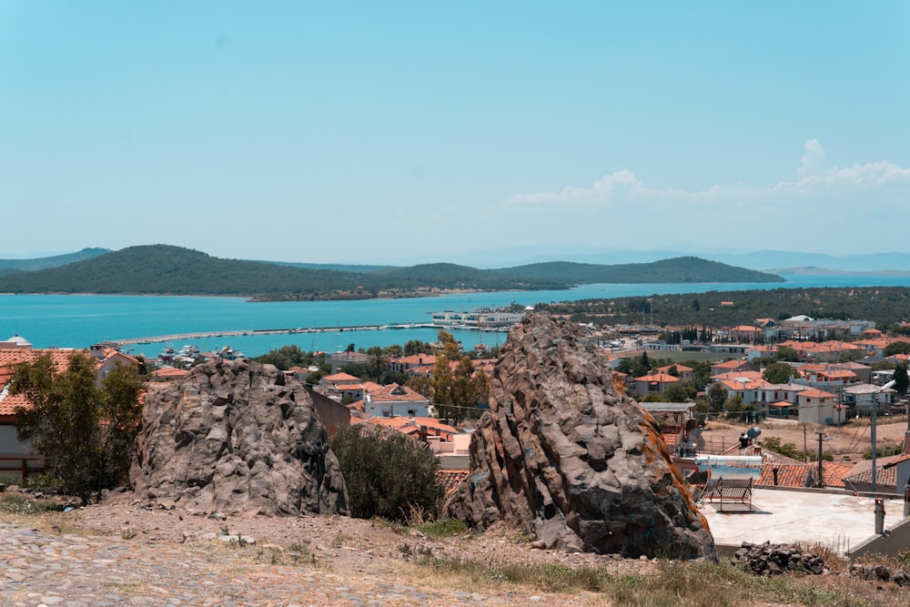 a view of a town and a body of water