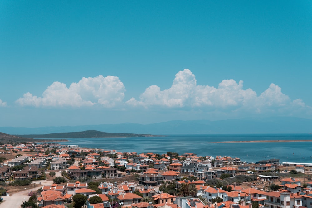 a view of a town with a body of water in the background