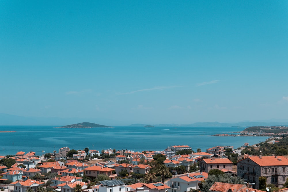 a view of a city with a body of water in the background