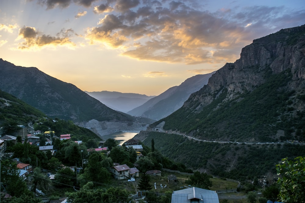 a scenic view of a valley with a river running through it