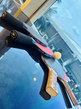 A set of table tennis paddles and a white ball are arranged on a reflective surface. The paddles are varied in design and have different colored rubber surfaces. In the background, there is a window showing a blurred view of an outdoor scene with palm trees and sky.
