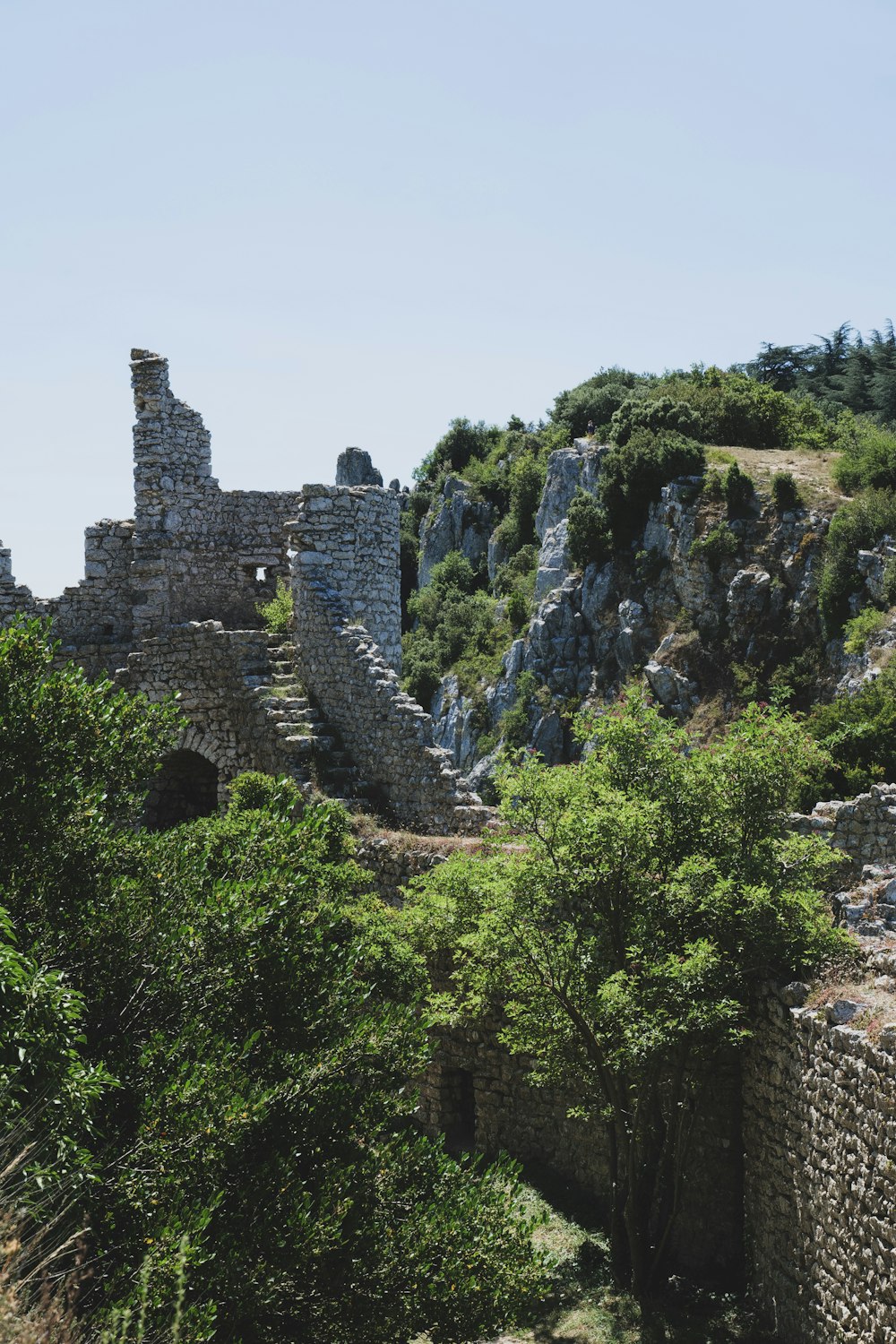 a stone castle on a hill surrounded by trees