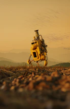 A solitary, yellow robot with a chimney-like structure on top stands on a rugged terrain. The landscape features a blurred foreground with grass and pebbles, and a hazy background of rolling hills under a pale orange sky.