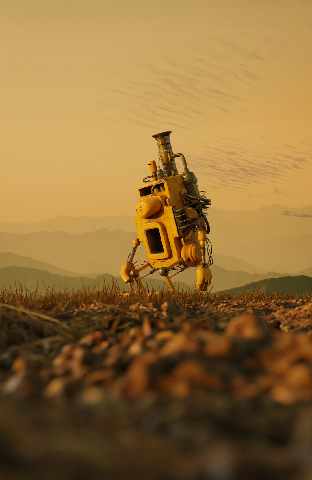 a yellow machine is in the middle of a field
