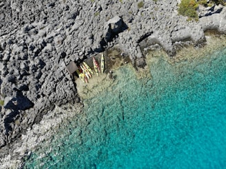 Kayaks lined up on the shore ready for an adventure in calm turquoise waters.