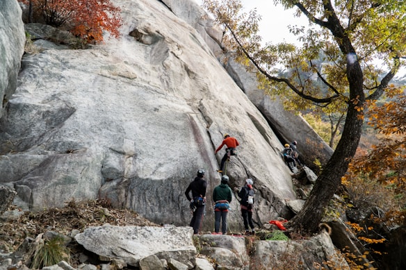 Several people equipped with climbing gear are gathered at the base of a large rock face, appearing to be engaged in rock climbing activities. The scene is set in an outdoor environment with trees displaying autumn foliage, and the rock has a textured surface with visible edges and natural formations.