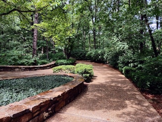 Serene garden paths surrounded by lush greenery and tropical plants.