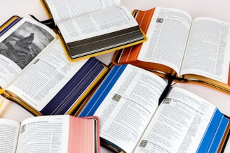 Several open books are arranged on a flat surface, each featuring pages with text and some with illustrations. The books have colorful edges and covers in shades of orange, blue, and pink. The text appears to be religious or scriptural in nature, with some annotations or highlighted sections.