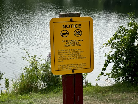 A yellow warning sign is displayed near a body of water, cautioning against swimming, wading, or eating fish due to the presence of harmful sediments. The background features rippling water and surrounding greenery, suggesting a natural, outdoor setting.