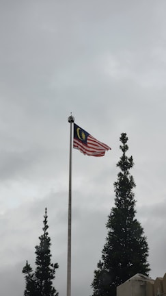 A flagpole with the Malaysian flag waves high amongst overcast skies. The surrounding landscape features tall, evergreen trees with dense foliage.